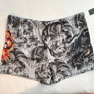 Ed Hardy Skull Panther Graffiti Art Mesh Shorts Mens XXL pockets black gray